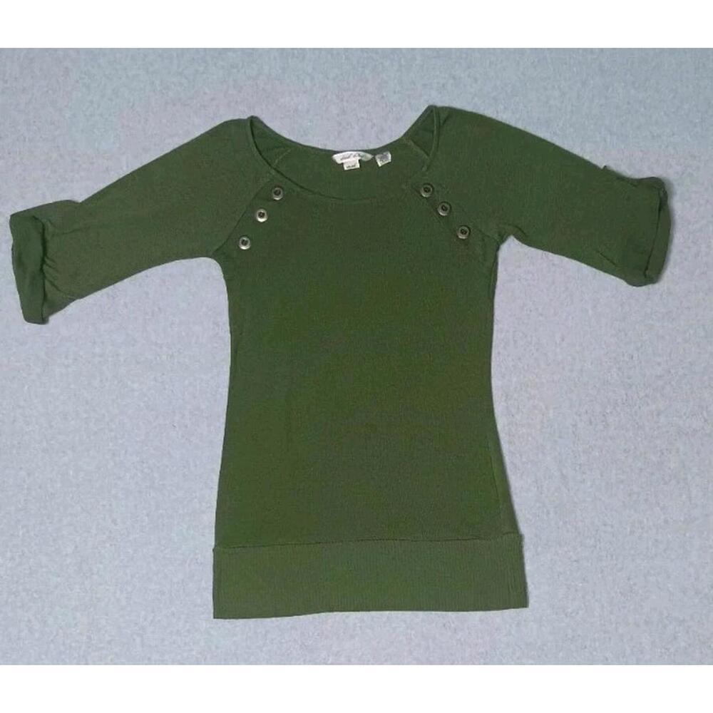 Derek Heart Womens Quarter Sleeve Shirt Size Medium Green Stretch Buttons